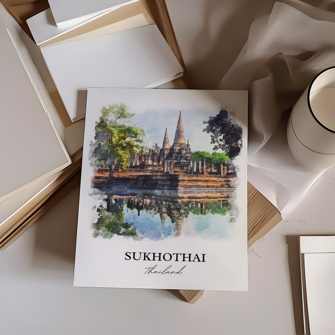Sukhothai Wall Art, Thani Print, Thailand Watercolor Art, Sukhothai Gift, Travel Print, Travel Poster, Housewarming Gift