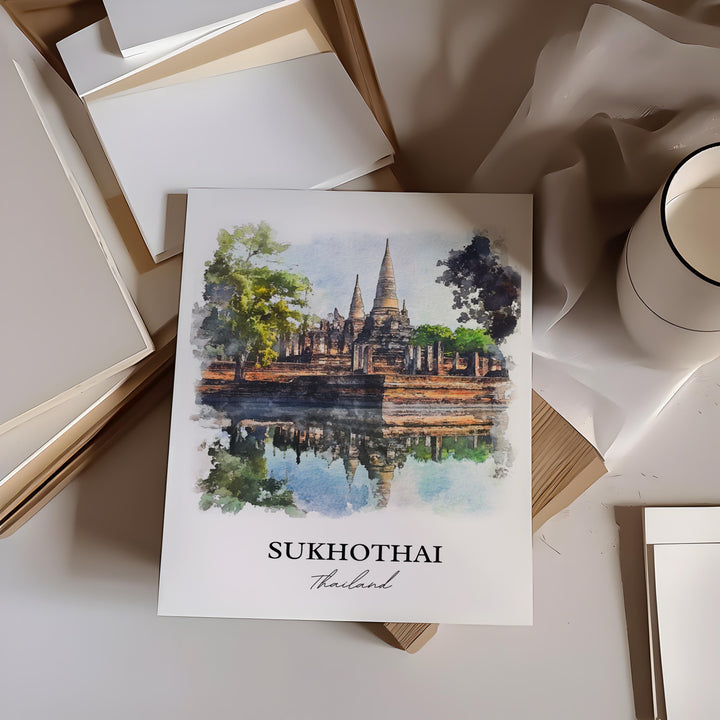 Sukhothai Wall Art, Thani Print, Thailand Watercolor Art, Sukhothai Gift, Travel Print, Travel Poster, Housewarming Gift