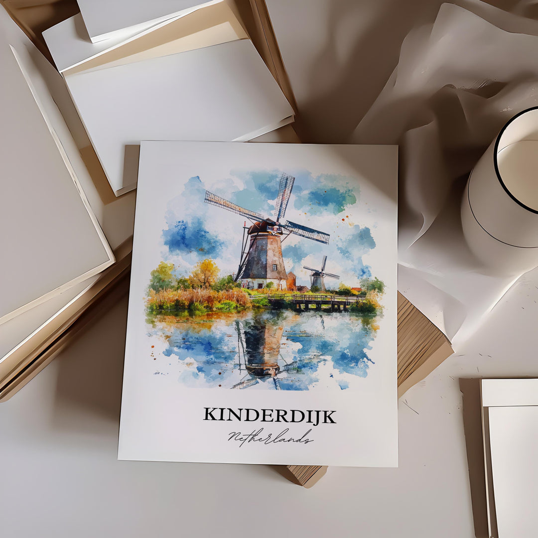 Kinderdijk Wall Art, South Holland Print, Netherlands Watercolor Art, Kinderdijk Gift, Travel Print, Travel Poster, Housewarming Gift