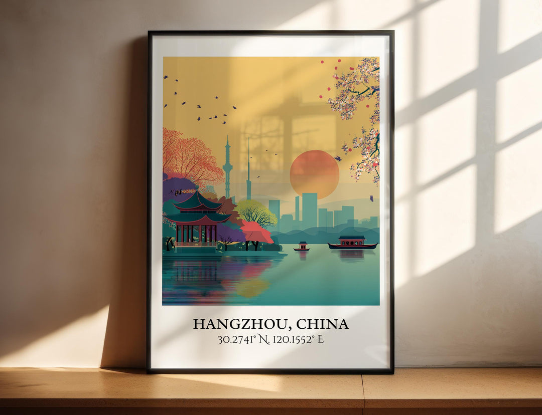 Hangzhou Art, Hangzhou Retro Travel Art, Hangzhou China Home Decor, Hangzhou Gift, China Travel Art, Travel Prints, Housewarming Gift