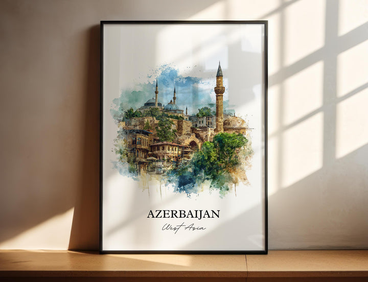 Azerbaijan Wall Art, Azerbaijan Print, Azerbaijan Watercolor Art, Azerbaijan Gift, Travel Print, Travel Poster, Housewarming Gift
