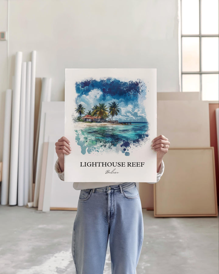 Lighthouse Reef Art, Great Blue Hole Print, Belize Watercolor, Lighthouse Reef Belize Gift, Travel Print, Travel Poster, Housewarming Gift