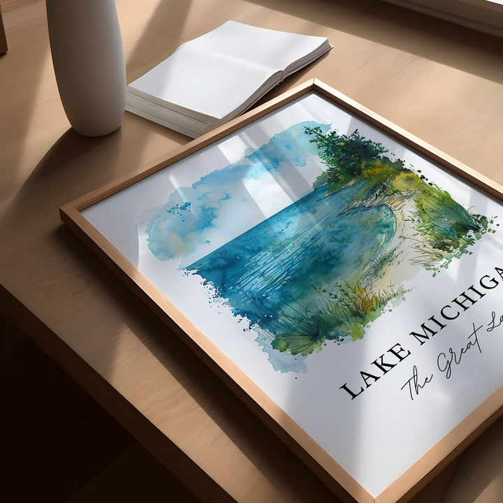 Lake Michigan Wall Art, Lake Michigan Print, The Great Lakes Watercolor, Great Lakes Gift,