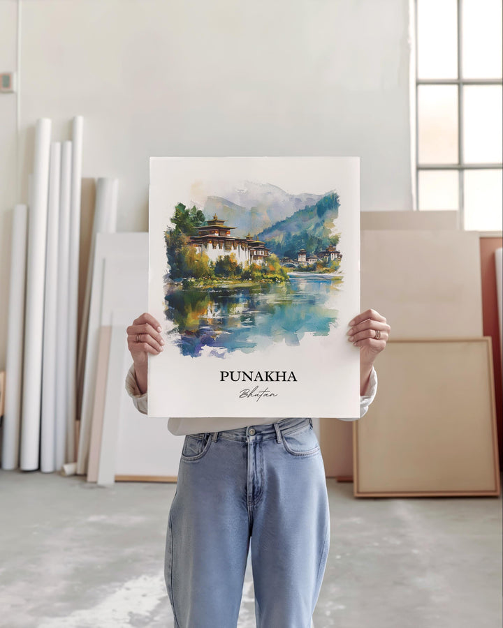 Punakha Wall Art, Punakha Dzong Print, Bhutan Watercolor Art, Punakha Gift, Travel Print, Travel Poster, Housewarming Gift