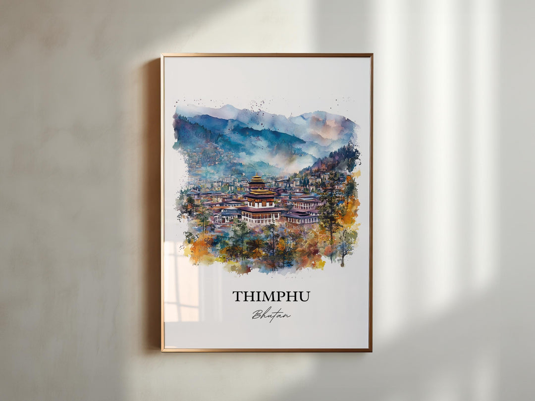 Thimphu Wall Art, Thimphu Bhutan Print, Bhutan Watercolor Art, Thimphu Bhutan Gift, Travel Print, Travel Poster, Housewarming Gift