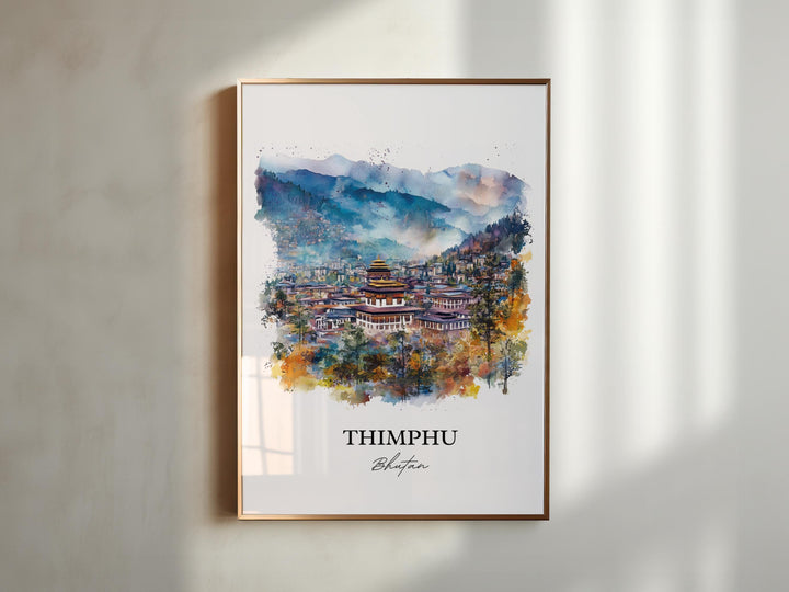 Thimphu Wall Art, Thimphu Bhutan Print, Bhutan Watercolor Art, Thimphu Bhutan Gift, Travel Print, Travel Poster, Housewarming Gift