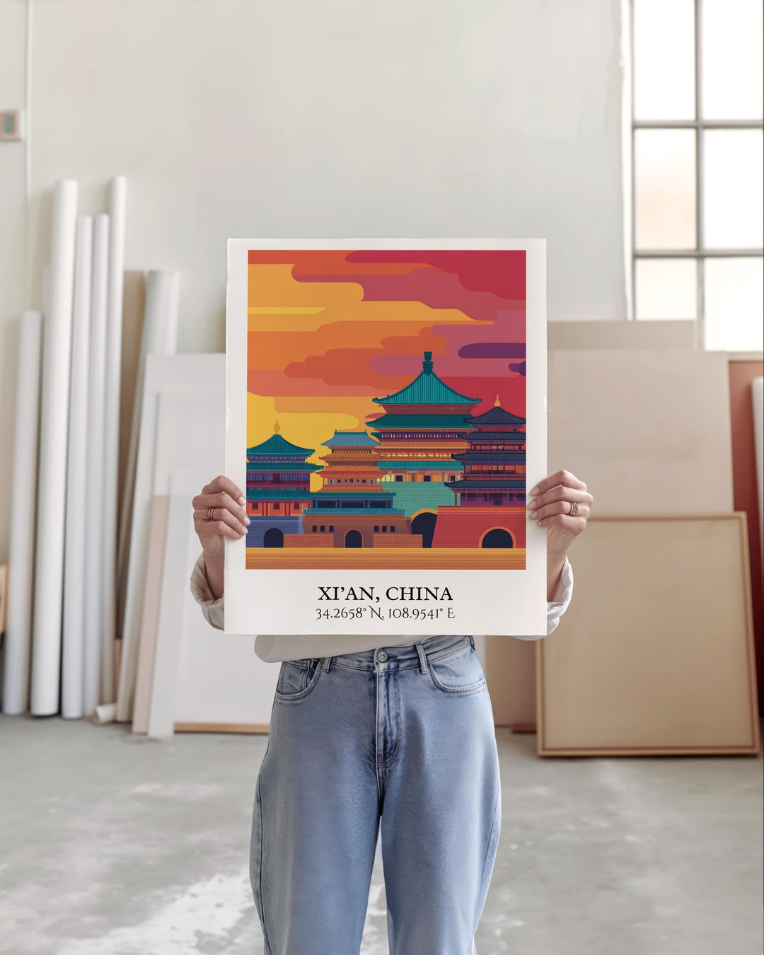 Xi'an China Art, Xi'an China Retro Travel Art, Xi'an China Home Decor, Xi'an Gift, China Travel Art, Travel Prints, Housewarming Gift