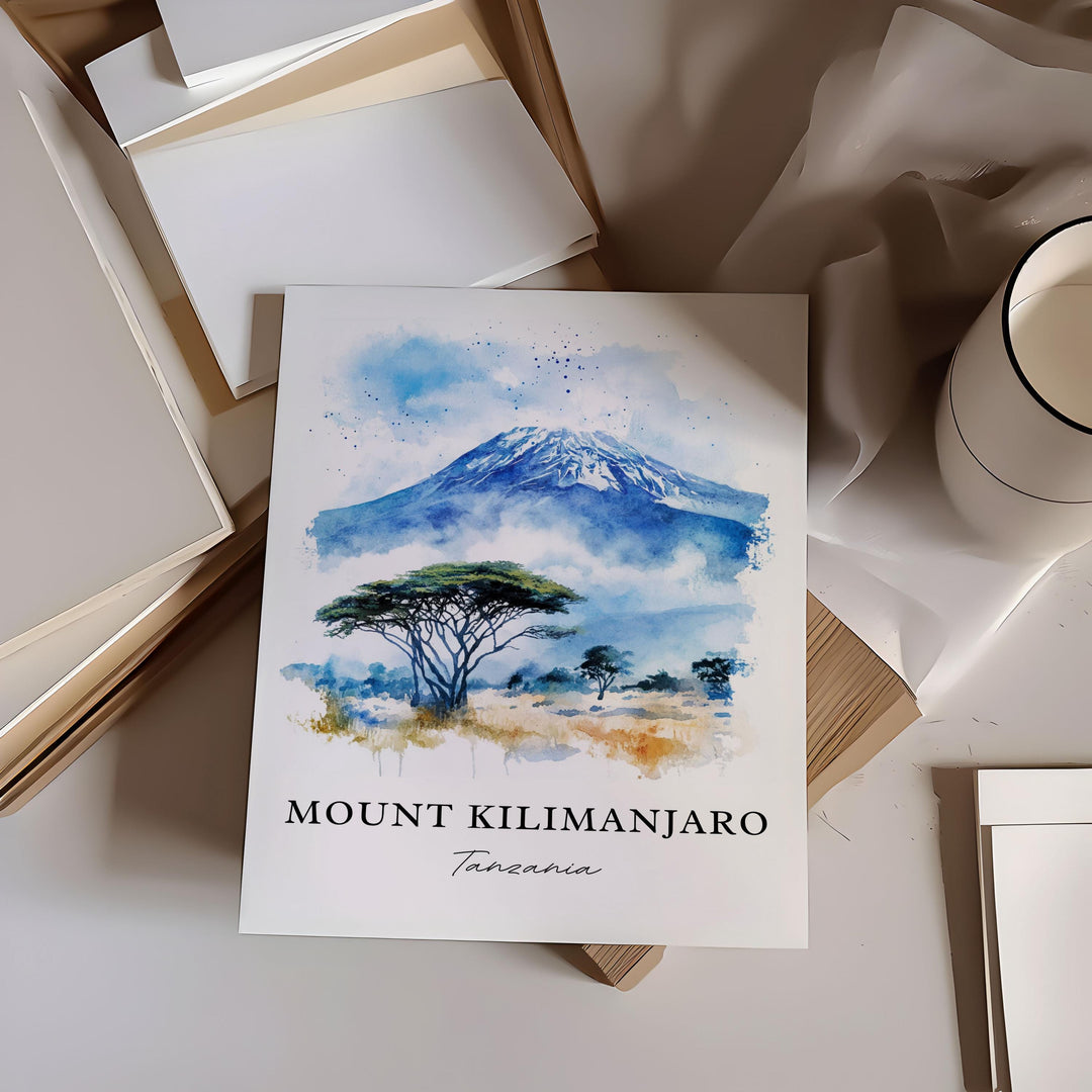 Mount Kilimanjaro Wall Art, Kilimanjaro Print, Tanzania Watercolor Art, Mt Kilimanjaro Gift, Travel Print, Travel Poster, Housewarming Gift