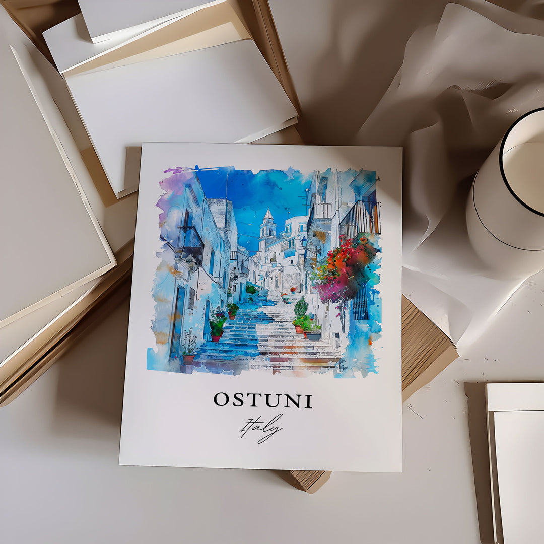 Ostuni Italy Wall Art, Brindisi Italy Print, Ostuni Watercolor, Apulia Region Gift,