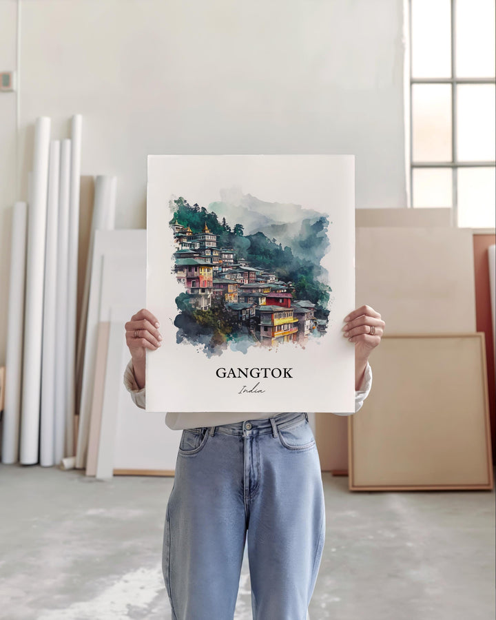 Gangtok Wall Art, Sikkim Print, India Watercolor Art, Gangtok India Gift, Travel Print, Travel Poster, Housewarming Gift