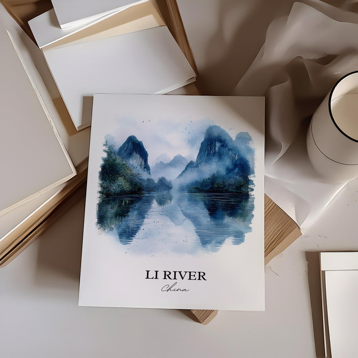 Li River Wall Art, Guangxi China Print, China Watercolor Art, Li River China Gift, Travel Print, Travel Poster, Housewarming Gift