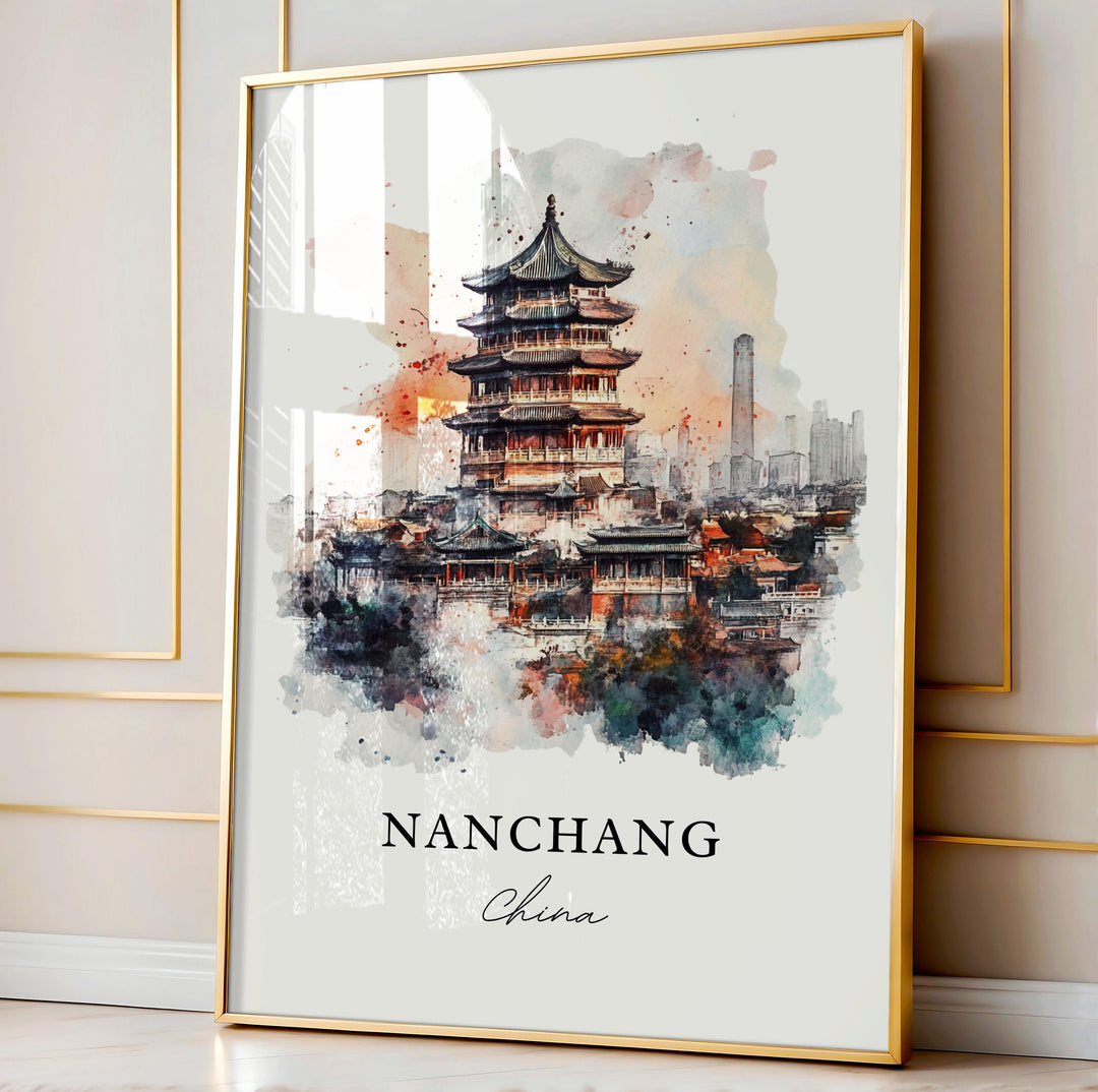 Nanchang Wall Art, Nanchang China Print, Jiangxi Province Watercolor Art, Jiangxi China Gift, Travel Print, Travel Poster, Housewarming Gift