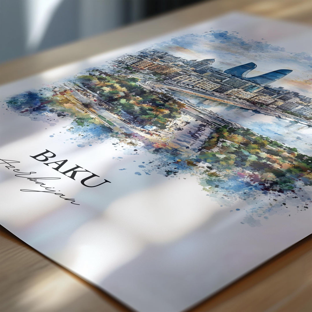 Baku Wall Art, Azerbaijan Print, Azerbaijan Watercolor Art, Baku Azerbaijan Gift, Travel Print, Travel Poster, Housewarming Gift