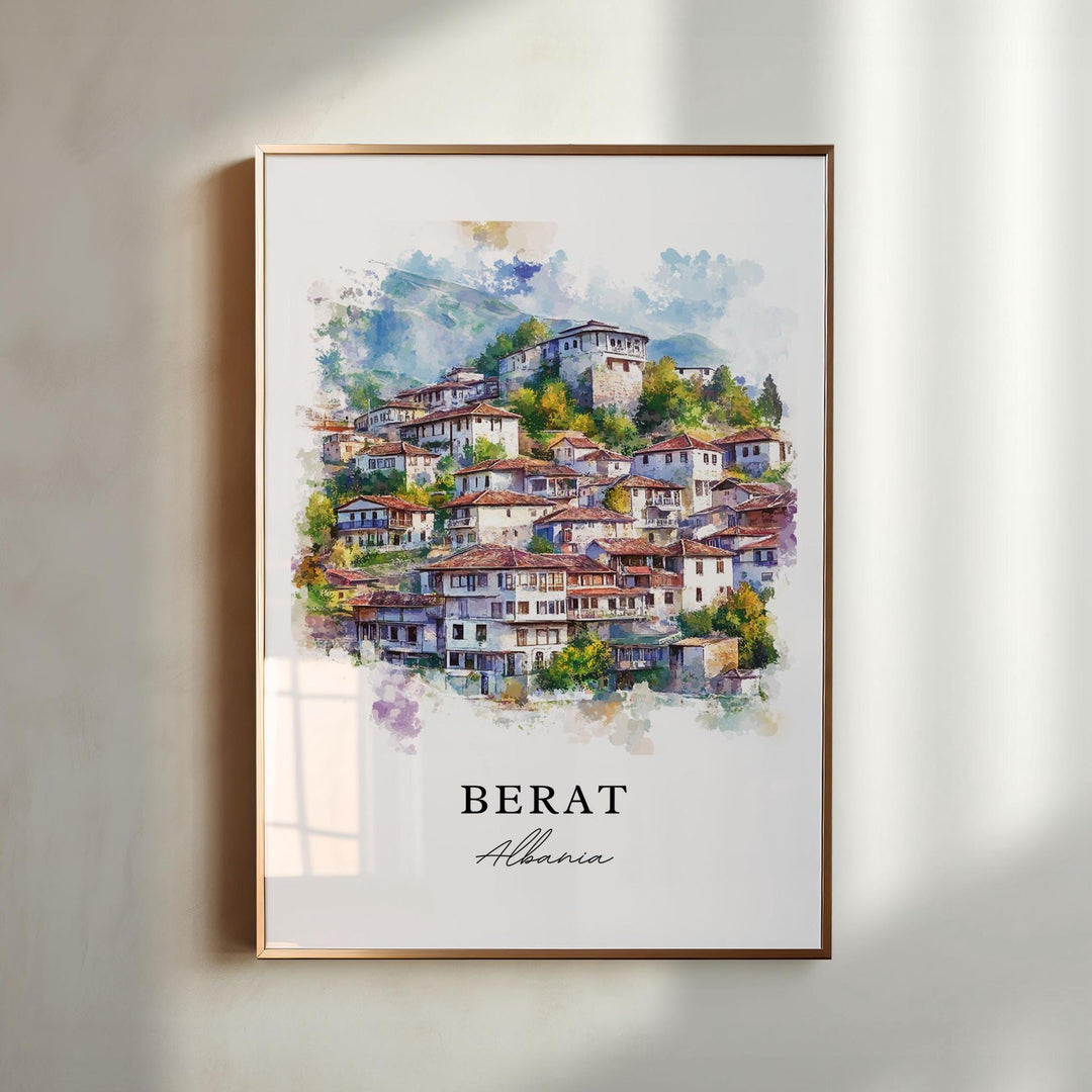 Berat Wall Art, Berat Albania Print, Berat Watercolor Art, Albania Gift, Travel Print, Travel Poster, Housewarming Gift