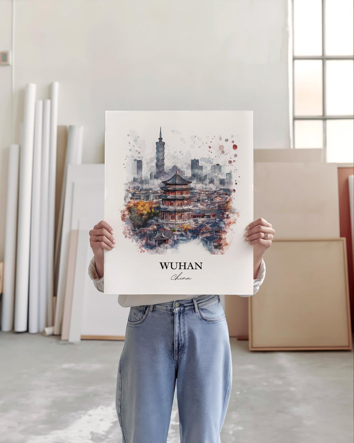 Wuhan China Wall Art, Wuhan Skyline Print, China Watercolor Art, Wuhan China Gift, Travel Print, Travel Poster, Housewarming Gift