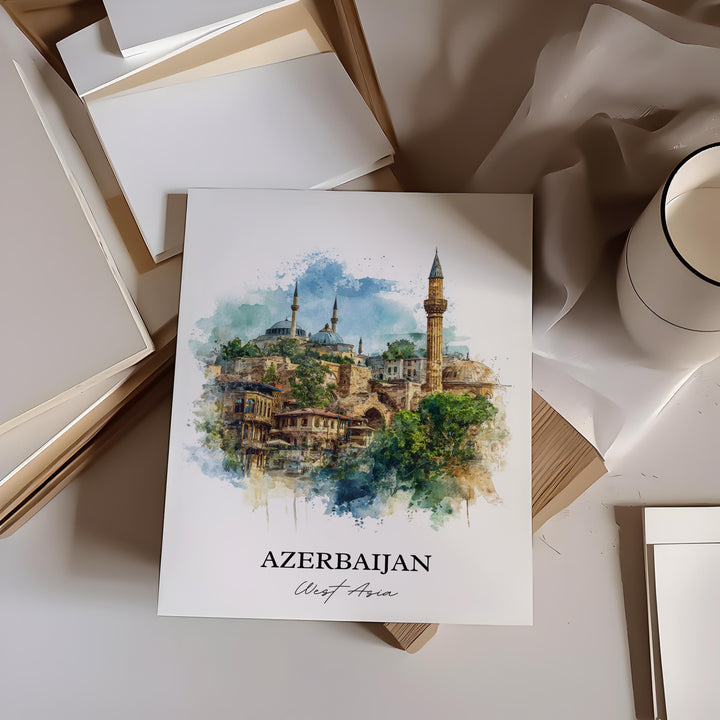 Azerbaijan Wall Art, Azerbaijan Print, Azerbaijan Watercolor Art, Azerbaijan Gift, Travel Print, Travel Poster, Housewarming Gift