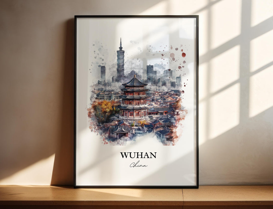 Wuhan China Wall Art, Wuhan Skyline Print, China Watercolor Art, Wuhan China Gift, Travel Print, Travel Poster, Housewarming Gift