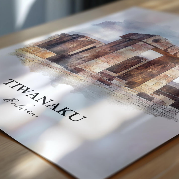 Tiwanaku Wall Art, Lake Titicaca Print, Bolivia Watercolor Art, Tiwanaku Bolivia Gift, Travel Print, Travel Poster, Housewarming Gift