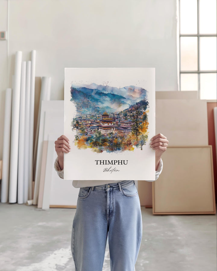 Thimphu Wall Art, Thimphu Bhutan Print, Bhutan Watercolor Art, Thimphu Bhutan Gift, Travel Print, Travel Poster, Housewarming Gift