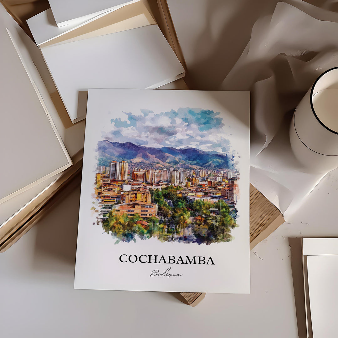 Cochabamba Wall Art, Bolivia Print, Bolivia Watercolor Art, Cochabamba Bolivia Gift, Travel Print, Travel Poster, Housewarming Gift