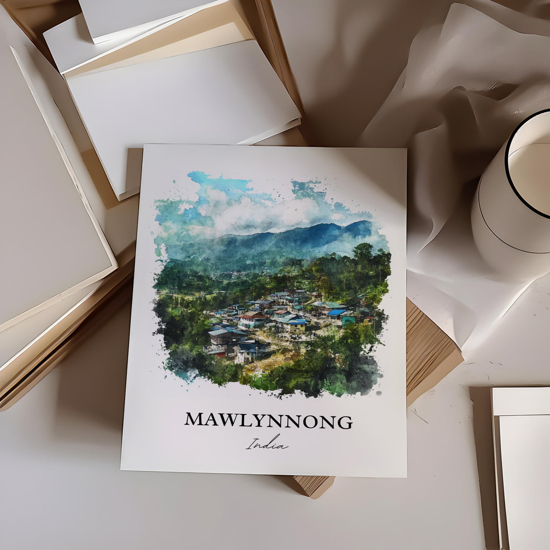 Mawlynnong Wall Art, Meghalaya Print, India Watercolor Art, Mawlynnong Gift, Travel Print, Travel Poster, Housewarming Gift