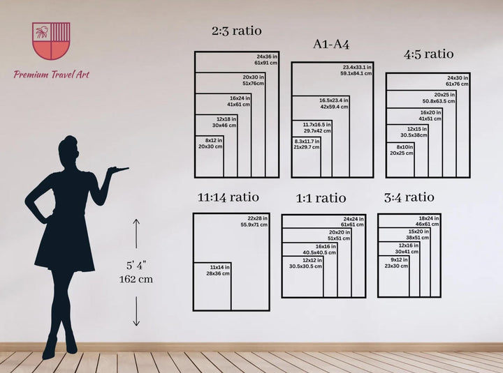 The image is a wall decal featuring a silhouette of a person and various size charts for different ratios, such as 2:3, 4:5, 11:14, and 1:1. The charts provide measurements for different sizes, ranging from 5" to 24" in height. The wall decal is labeled "Premium Travel Art" and includes a logo in the top left corner.