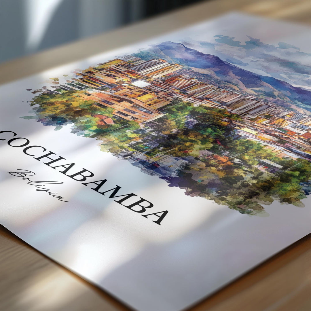 Cochabamba Wall Art, Bolivia Print, Bolivia Watercolor Art, Cochabamba Bolivia Gift, Travel Print, Travel Poster, Housewarming Gift