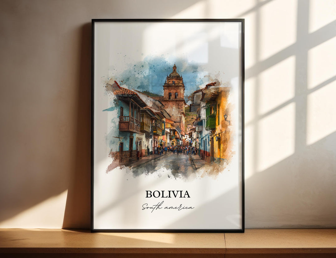 Bolivia Wall Art, Bolivia Print, Bolivia Watercolor Art, Bolivia Country Gift, Travel Print, Travel Poster, Housewarming Gift