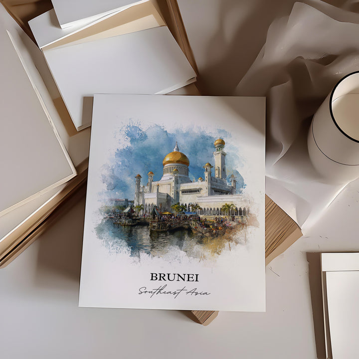 Brunei Wall Art, Brunei Print, Brunei Watercolor Art, Brunei Country Gift, Travel Print, Travel Poster, Housewarming Gift