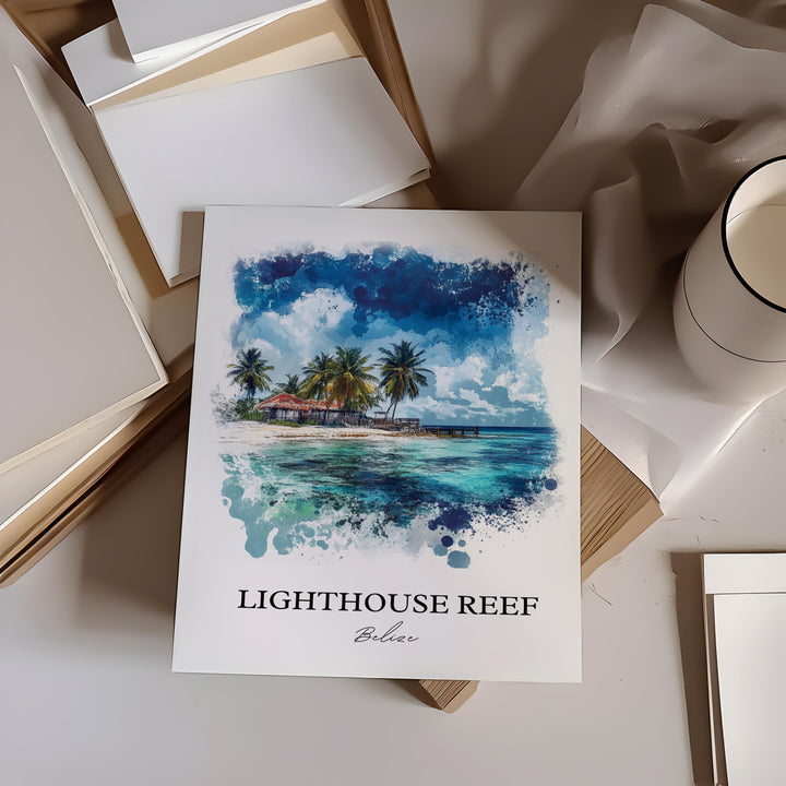 Lighthouse Reef Art, Great Blue Hole Print, Belize Watercolor, Lighthouse Reef Belize Gift, Travel Print, Travel Poster, Housewarming Gift