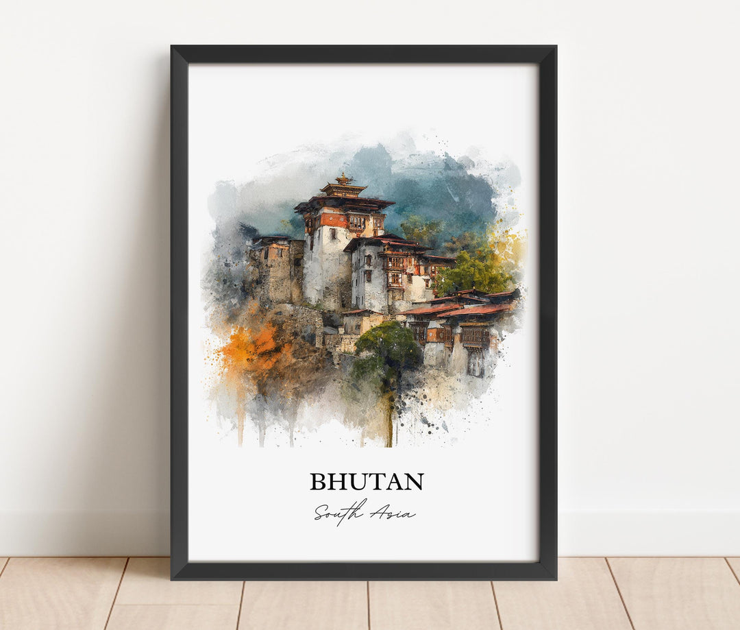 Bhutan Wall Art, Bhutan Print, Bhutan Watercolor Art, Bhutan Gift, Travel Print, Travel Poster, Housewarming Gift