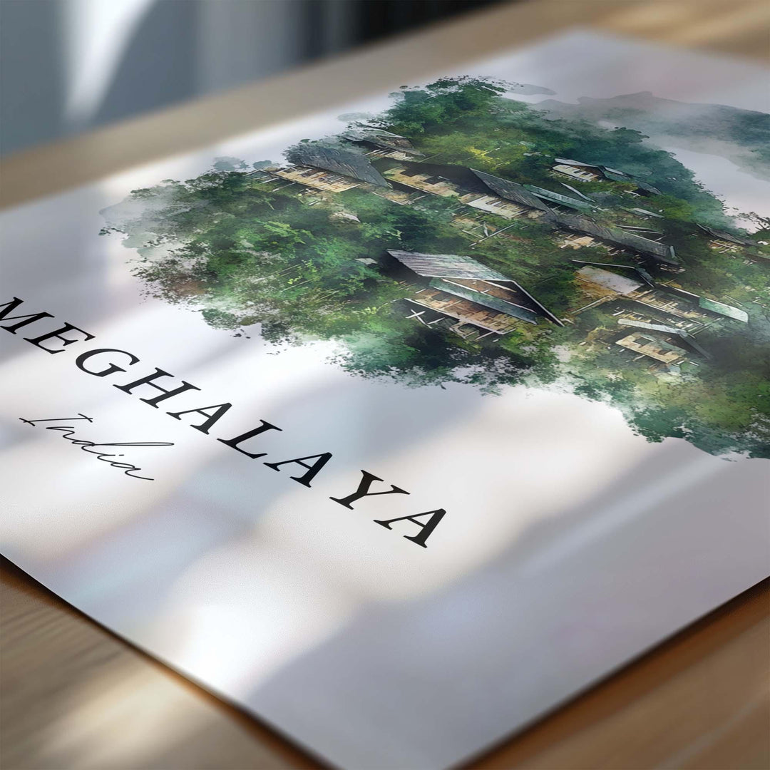 Meghalaya Wall Art, Meghalaya India Print, Meghalaya Watercolor Art, Assam India Gift, Travel Print, Travel Poster, Housewarming Gift