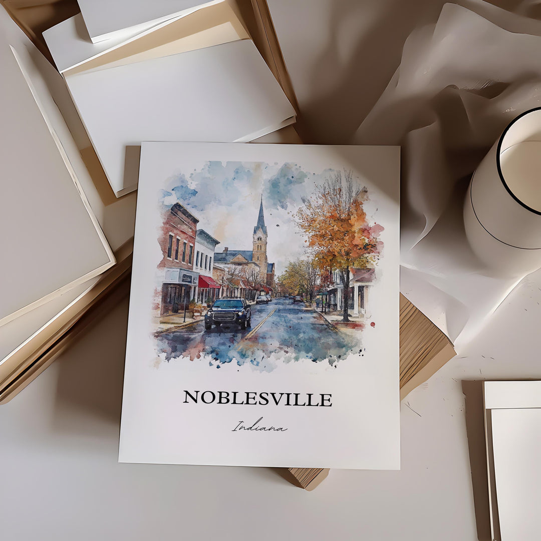 Noblesville IN Wall Art, Hamilton County Print, Indianapolis Watercolor, Noblesville Gift, Travel Print, Travel Poster, Housewarming Gift