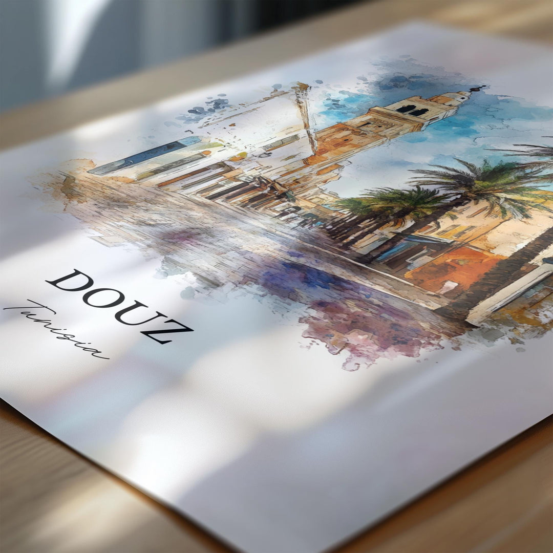Douz Tunisia Wall Art, Sahara Desert Print, Tunisia Watercolor Art, Douz Tunisia Gift, Travel Print, Travel Poster, Housewarming Gift