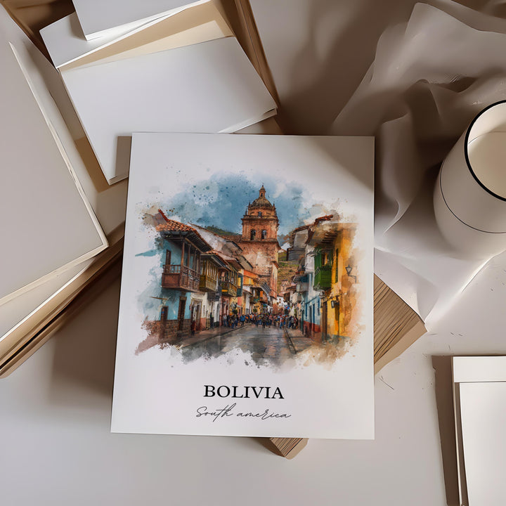 Bolivia Wall Art, Bolivia Print, Bolivia Watercolor Art, Bolivia Country Gift, Travel Print, Travel Poster, Housewarming Gift