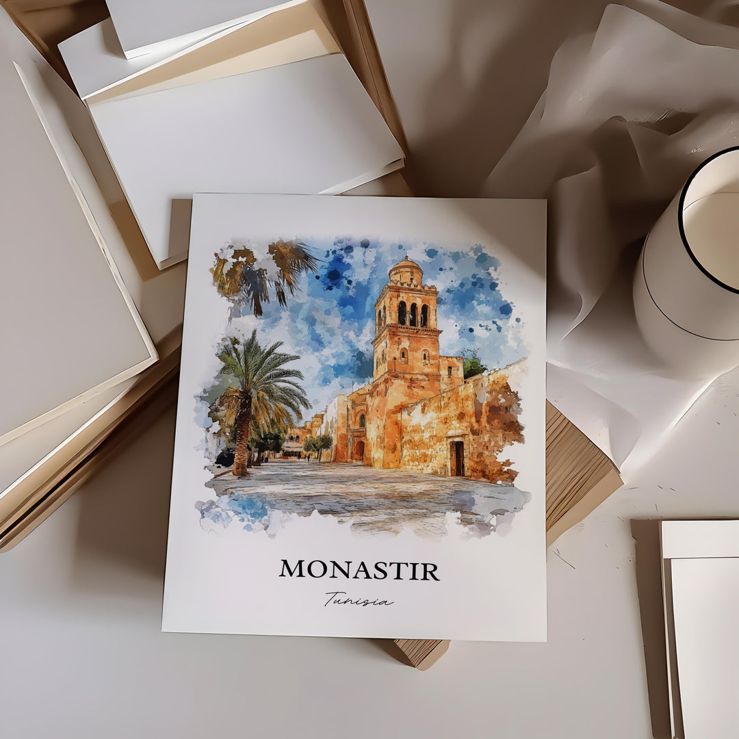 Monastir Wall Art, Sahel Area Print, Tunisia Watercolor Art, Monastir Tunisia Gift, Travel Print, Travel Poster, Housewarming Gift