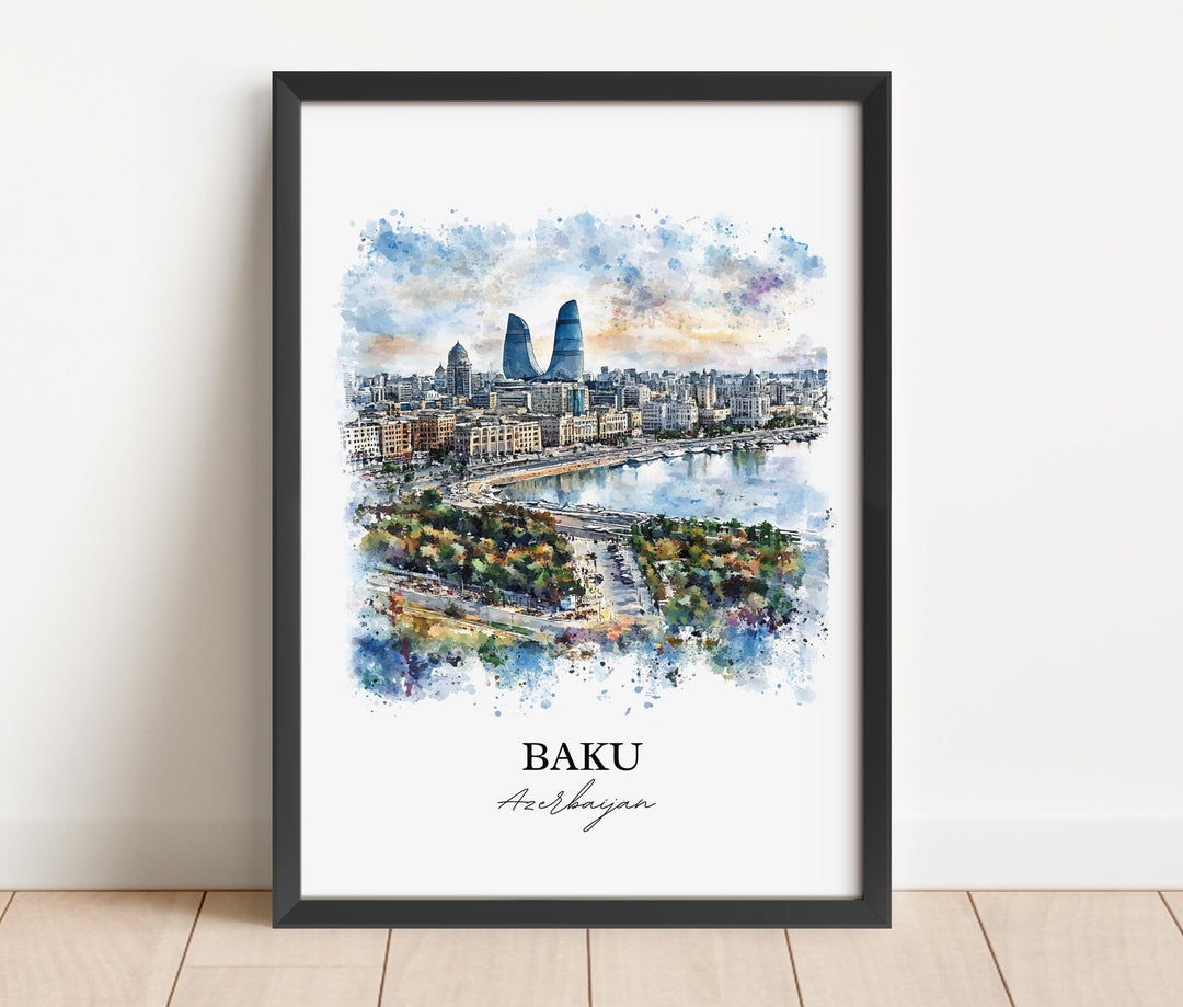 Baku Wall Art, Azerbaijan Print, Azerbaijan Watercolor Art, Baku Azerbaijan Gift, Travel Print, Travel Poster, Housewarming Gift