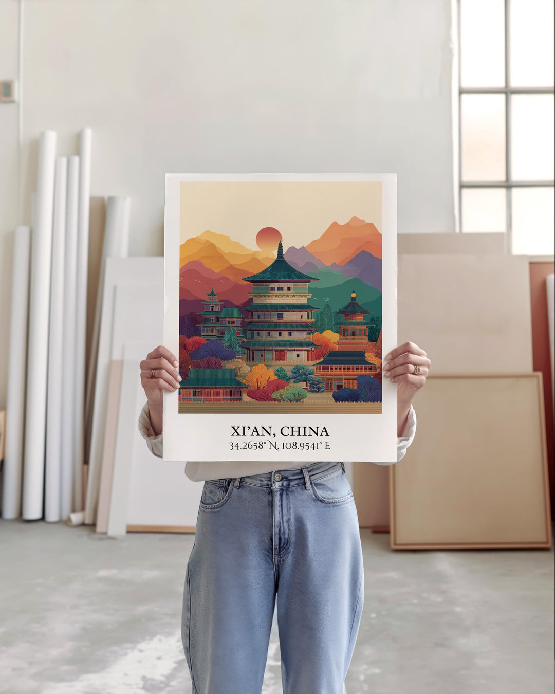 Xi'an China Art, Xi'an China Retro Travel Art, Xi'an Home Decor, Xi'an China Gift, China Travel Art, Travel Prints, Housewarming Gift