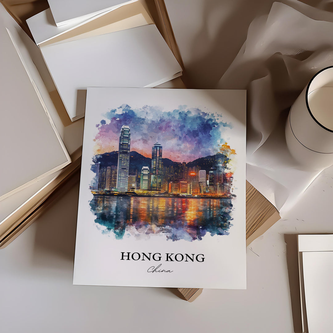 Hong Kong Wall Art, Hong Kong Skyline Print, China Watercolor Art, Hong Kong Gift, Travel Print, Travel Poster, Housewarming Gift