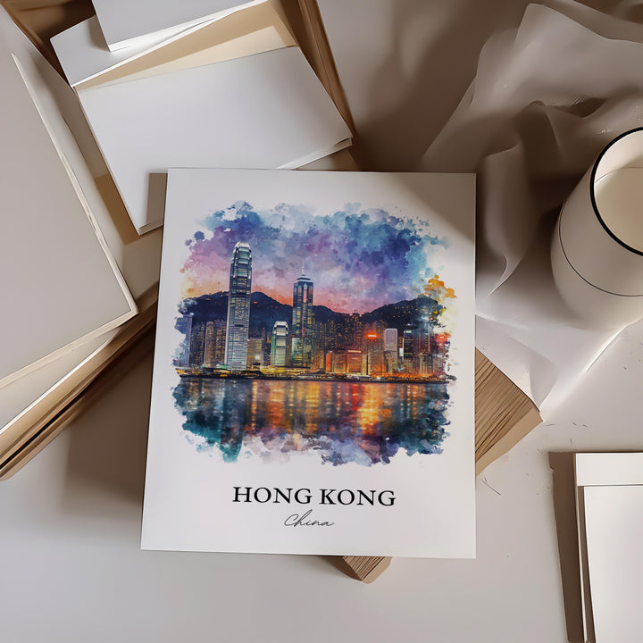 Hong Kong Wall Art, Hong Kong Skyline Print, China Watercolor Art, Hong Kong Gift, Travel Print, Travel Poster, Housewarming Gift
