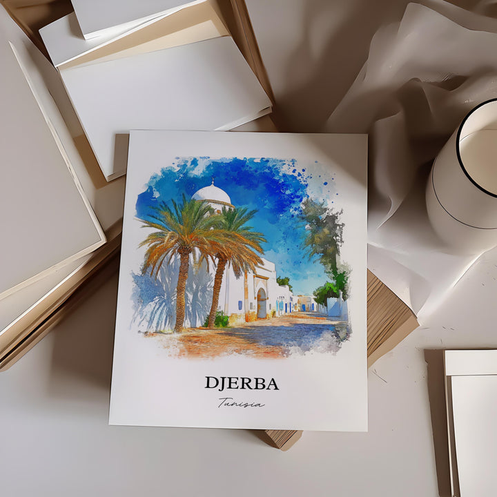 Djerba Wall Art, Jerba Tunisia Print, Tunisia Watercolor Art, Djerba Tunisia Gift, Travel Print, Travel Poster, Housewarming Gift