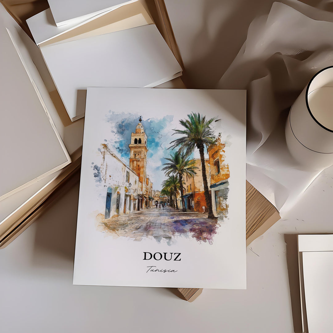Douz Tunisia Wall Art, Sahara Desert Print, Tunisia Watercolor Art, Douz Tunisia Gift, Travel Print, Travel Poster, Housewarming Gift