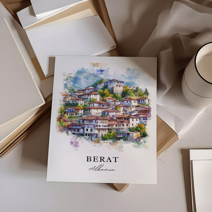 Berat Wall Art, Berat Albania Print, Berat Watercolor Art, Albania Gift, Travel Print, Travel Poster, Housewarming Gift