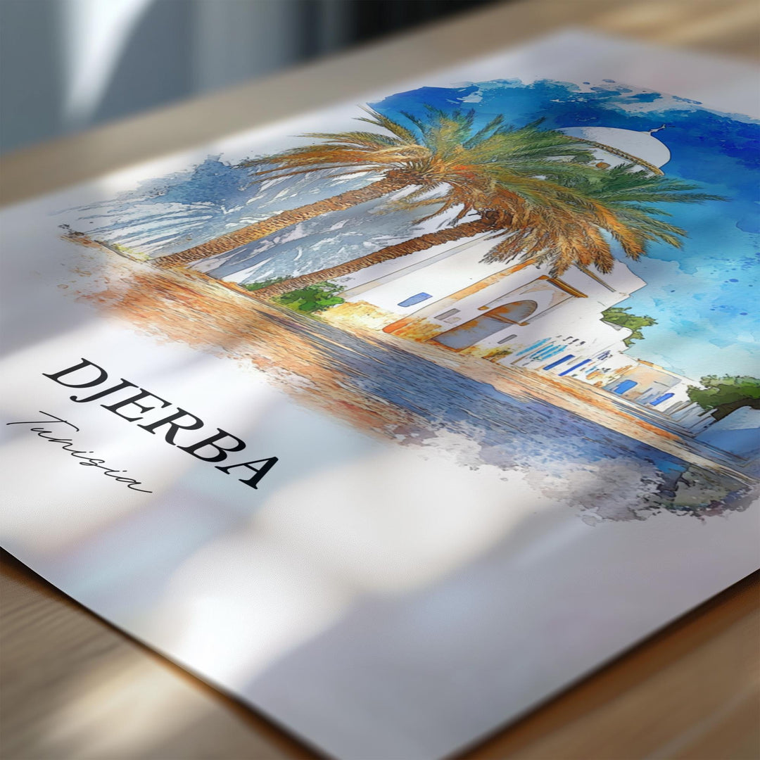 Djerba Wall Art, Jerba Tunisia Print, Tunisia Watercolor Art, Djerba Tunisia Gift, Travel Print, Travel Poster, Housewarming Gift