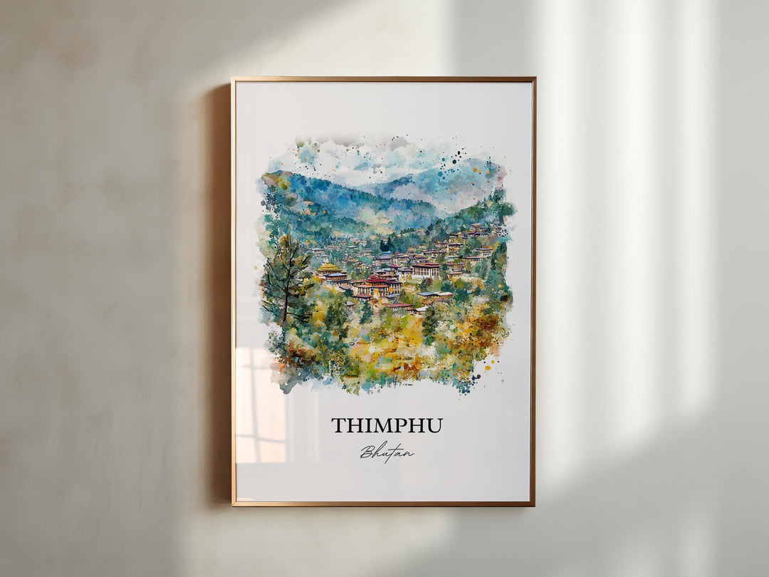 Thimphu Wall Art, Thimphu Skyline Print, Bhutan Watercolor Art, Thimphu Bhutan Gift, Travel Print, Travel Poster, Housewarming Gift