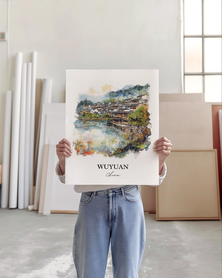 Wuyuan Wall Art, Wuyuan China Print, China Watercolor Art, Jiangxi Province Gift, Travel Print, Travel Poster, Housewarming Gift