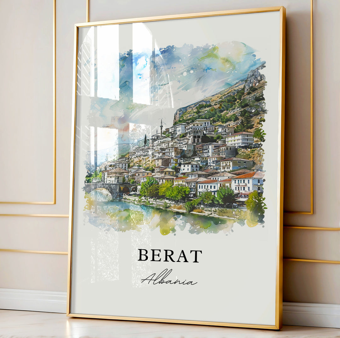Berat Albania Wall Art, Berat Print, Berat Albania Watercolor, Berat Albania Gift, Travel Poster, Housewarming Gift