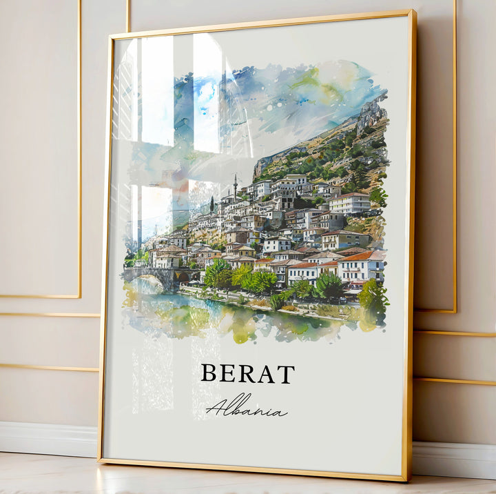 Berat Albania Wall Art, Berat Print, Berat Albania Watercolor, Berat Albania Gift, Travel Poster, Housewarming Gift