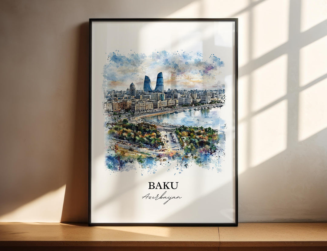 Baku Wall Art, Azerbaijan Print, Azerbaijan Watercolor Art, Baku Azerbaijan Gift, Travel Print, Travel Poster, Housewarming Gift