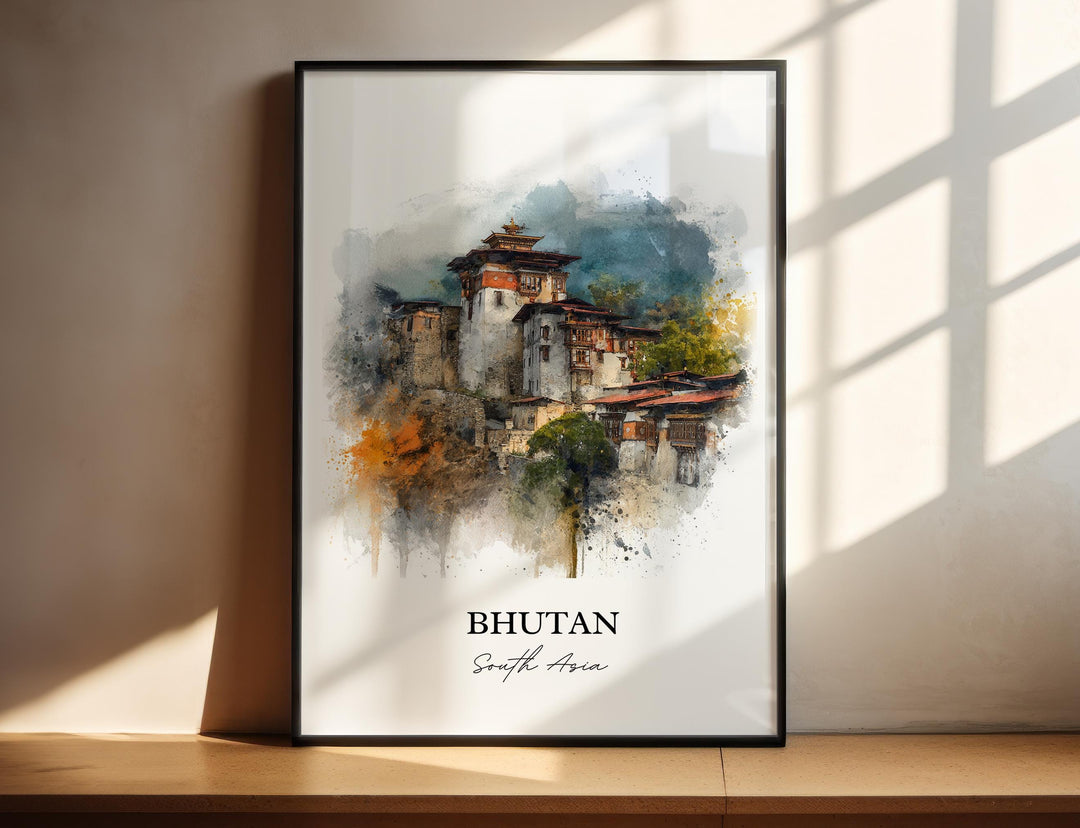 Bhutan Wall Art, Bhutan Print, Bhutan Watercolor Art, Bhutan Gift, Travel Print, Travel Poster, Housewarming Gift